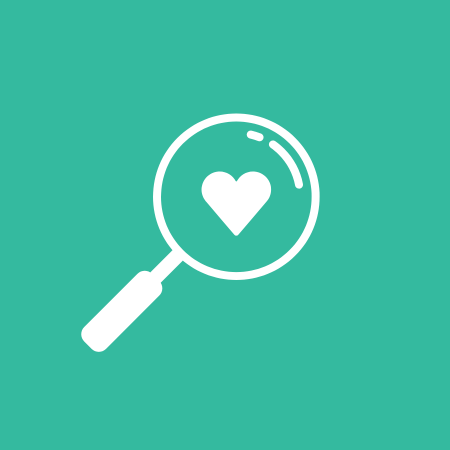 Icon of explore your well-being with a magnifying glass with a heart inside